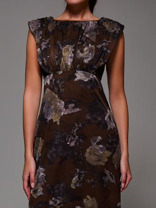 Slash Neck Fit & Flare Mesh Maxi Dress, Brown Abstract