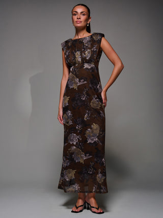 Slash Neck Fit & Flare Mesh Maxi Dress, Brown Abstract