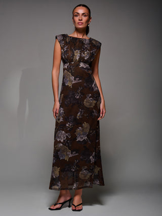 Slash Neck Fit & Flare Mesh Maxi Dress, Brown Abstract
