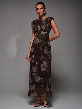 Slash Neck Fit & Flare Mesh Maxi Dress, Brown Abstract
