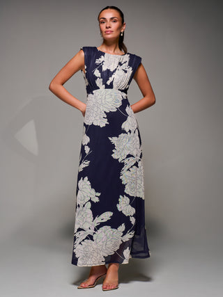 Slash Neck Fit & Flare Mesh Maxi Dress, Navy Floral