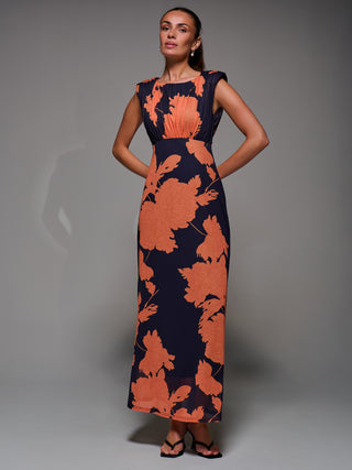 Slash Neck Fit & Flare Mesh Maxi Dress, Orange Floral