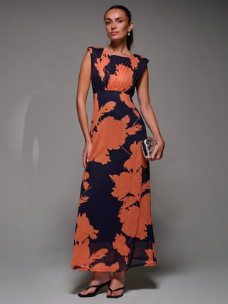 Slash Neck Fit & Flare Mesh Maxi Dress, Orange Floral