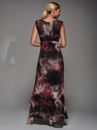 Slash Neck Fit & Flare Mesh Maxi Dress, Pink Abstract