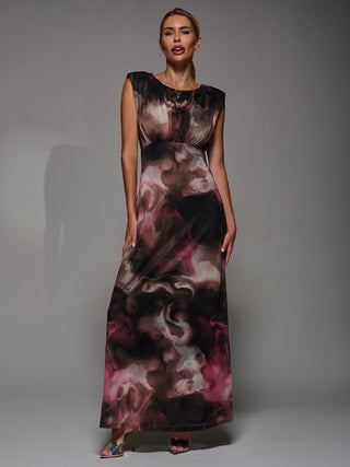 Slash Neck Fit & Flare Mesh Maxi Dress, Pink Abstract