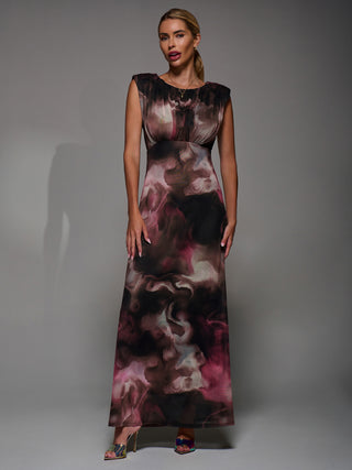 Slash Neck Fit & Flare Mesh Maxi Dress, Pink Abstract