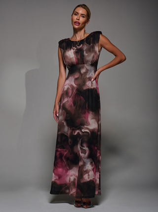 Slash Neck Fit & Flare Mesh Maxi Dress, Pink Abstract
