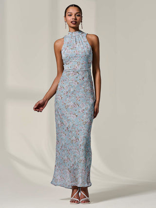 Chiffon Halter Neck Maxi Dress, Blue Floral