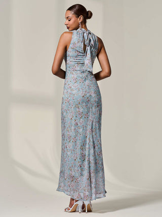 Chiffon Halter Neck Maxi Dress, Blue Floral