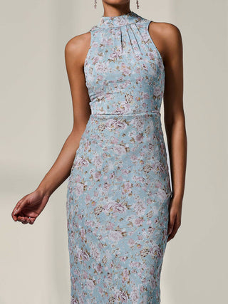 Chiffon Halter Neck Maxi Dress, Blue Floral