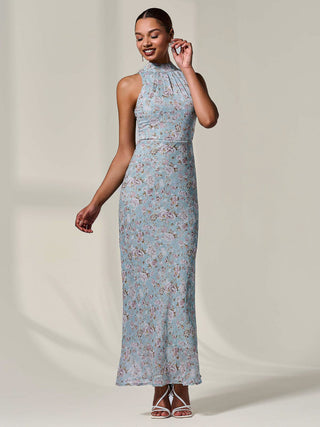 Chiffon Halter Neck Maxi Dress, Blue Floral