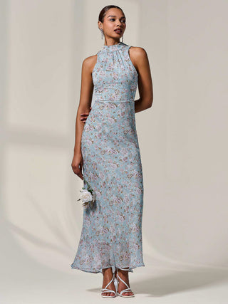 Chiffon Halter Neck Maxi Dress, Blue Floral