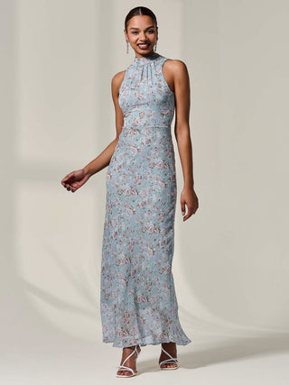 Chiffon Halter Neck Maxi Dress, Blue Floral