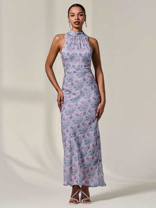 Chiffon Halter Neck Maxi Dress, Purple Floral
