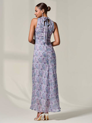 Chiffon Halter Neck Maxi Dress, Purple Floral