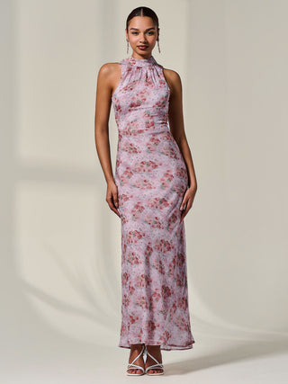 Chiffon Halter Neck Maxi Dress, Red Floral