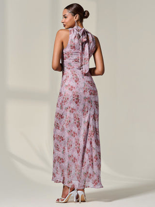 Chiffon Halter Neck Maxi Dress, Red Floral