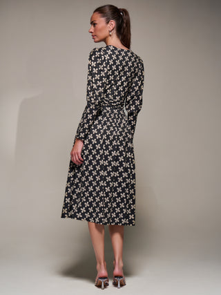 Puff Long Sleeve Jersey Midi Dress, Black Pattern
