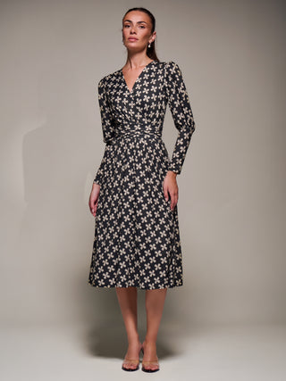 Puff Long Sleeve Jersey Midi Dress, Black Pattern