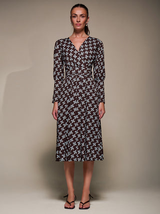 Puff Long Sleeve Jersey Midi Dress, Brown Pattern