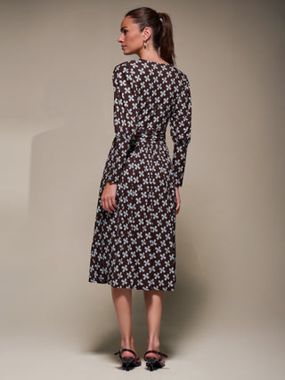 Puff Long Sleeve Jersey Midi Dress, Brown Pattern