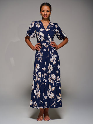 Puff Sleeve Jersey Maxi Dress, Navy Floral