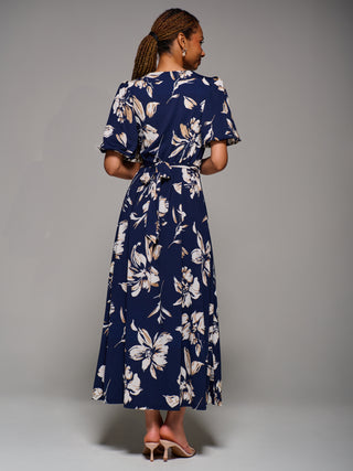 Puff Sleeve Jersey Maxi Dress, Navy Floral
