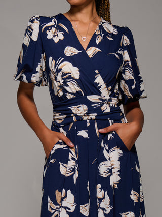 Puff Sleeve Jersey Maxi Dress, Navy Floral