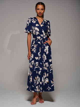 Puff Sleeve Jersey Maxi Dress, Navy Floral