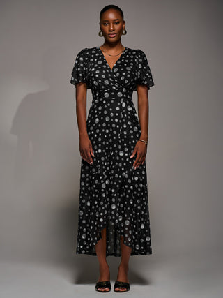 Angel Sleeve Mesh Frill Wrap Maxi Dress, Black Spot