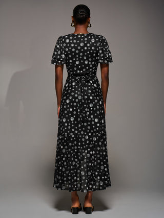Angel Sleeve Mesh Frill Wrap Maxi Dress, Black Spot