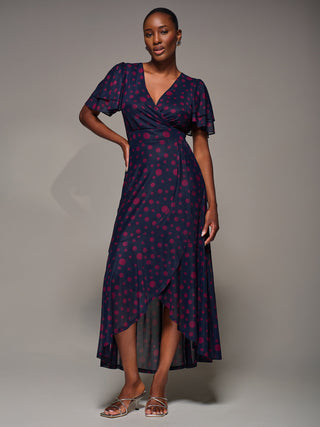Angel Sleeve Mesh Frill Wrap Maxi Dress, Navy Spot