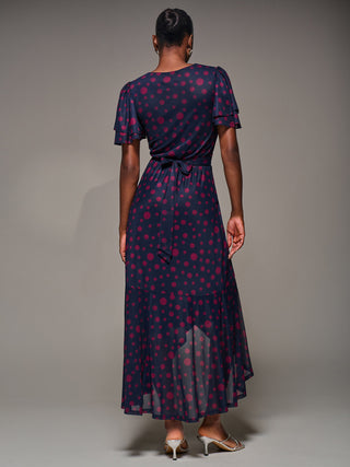 Angel Sleeve Mesh Frill Wrap Maxi Dress, Navy Spot