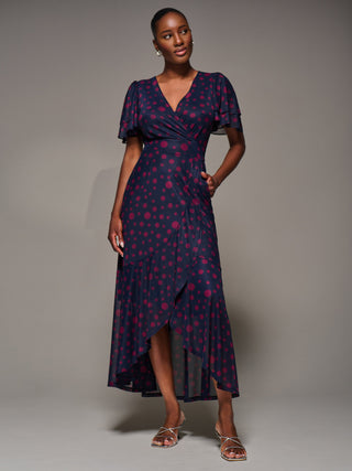 Angel Sleeve Mesh Frill Wrap Maxi Dress, Navy Spot