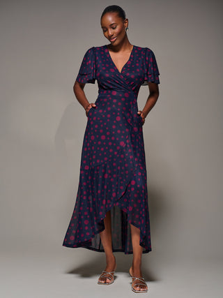 Angel Sleeve Mesh Frill Wrap Maxi Dress, Navy Spot