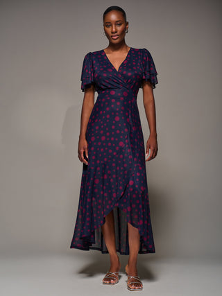 Angel Sleeve Mesh Frill Wrap Maxi Dress, Navy Spot