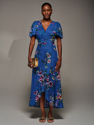 Angel Sleeve Mesh Frill Wrap Maxi Dress, Royal Floral