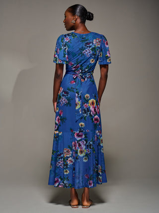 Angel Sleeve Mesh Frill Wrap Maxi Dress, Royal Floral