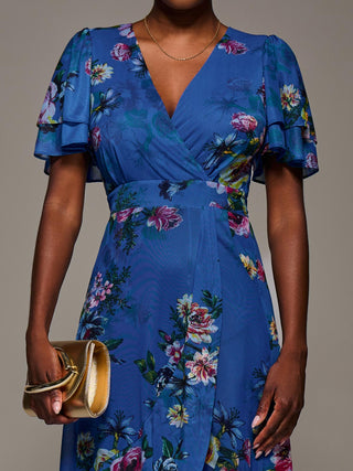 Angel Sleeve Mesh Frill Wrap Maxi Dress, Royal Floral