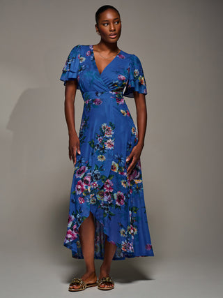 Angel Sleeve Mesh Frill Wrap Maxi Dress, Royal Floral