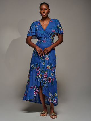 Angel Sleeve Mesh Frill Wrap Maxi Dress, Royal Floral