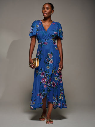 Angel Sleeve Mesh Frill Wrap Maxi Dress, Royal Floral