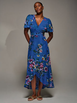 Angel Sleeve Mesh Frill Wrap Maxi Dress, Royal Floral