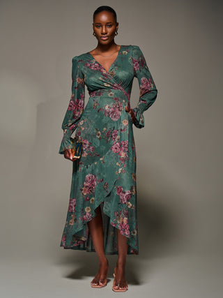 Long Sleeve Frill Hem Mesh Maxi Dress, Green Floral