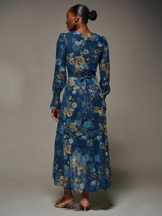 Long Sleeve Frill Hem Mesh Maxi Dress, Navy Floral