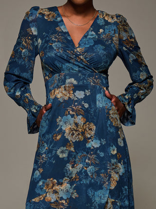 Long Sleeve Frill Hem Mesh Maxi Dress, Navy Floral