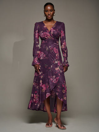 Long Sleeve Frill Hem Mesh Maxi Dress, Purple Floral