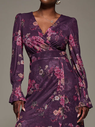 Long Sleeve Frill Hem Mesh Maxi Dress, Purple Floral