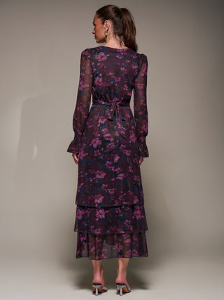 Long Sleeve Ruffle Hem Mesh Maxi Dress, Navy Floral