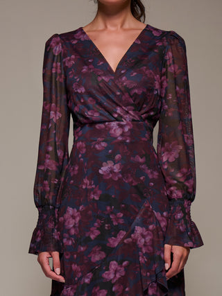 Long Sleeve Ruffle Hem Mesh Maxi Dress, Navy Floral